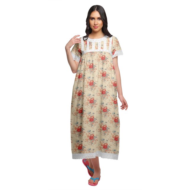 Moomaya Printed Sleepwear Cotton Ruffled Border Womens Maxi Nightdress
