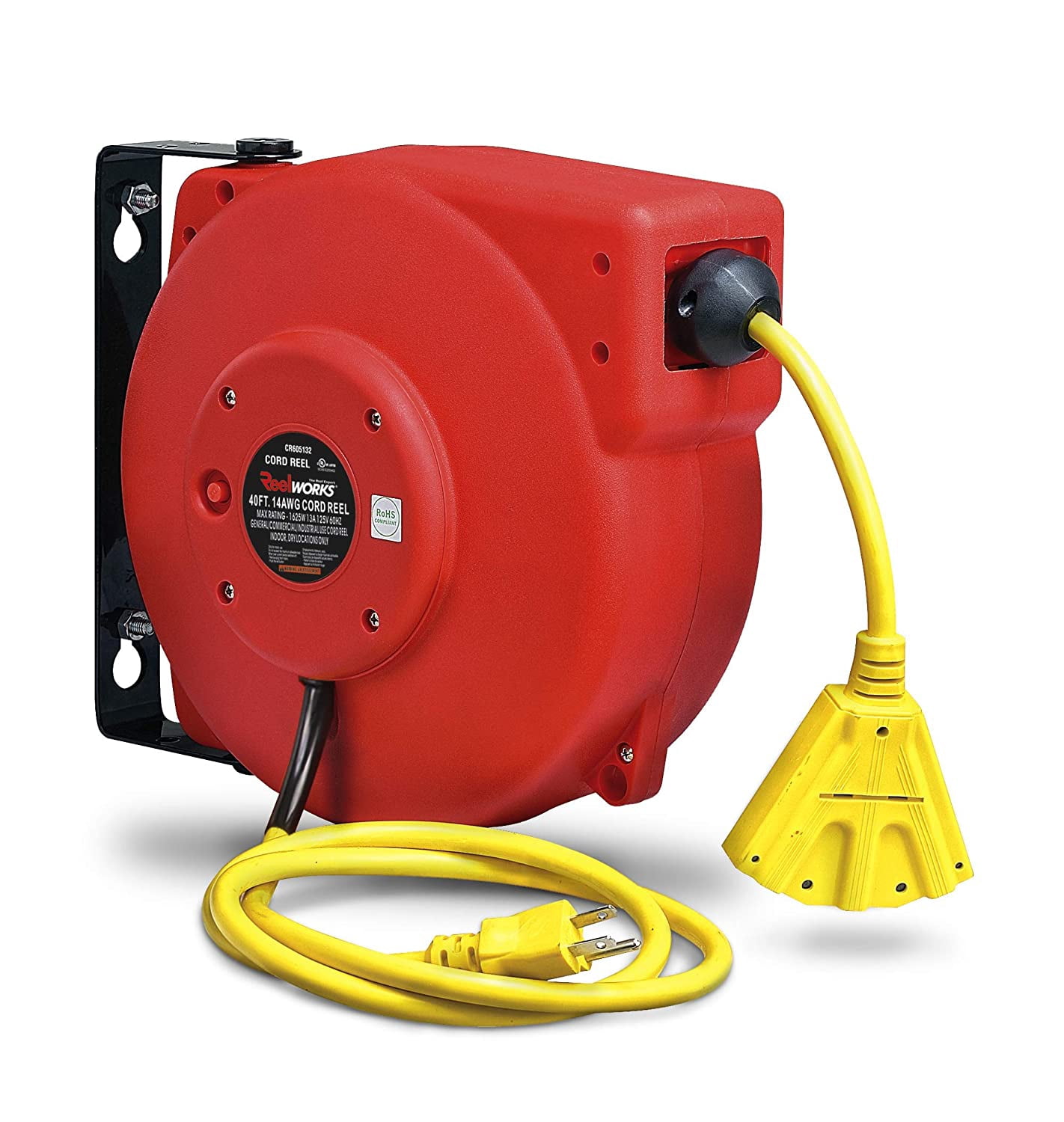 ReelWorks Mountable Retractable Extension Cord Reel - 14AWG x 40' ft, 3 Grounded Outlets, Max 15A