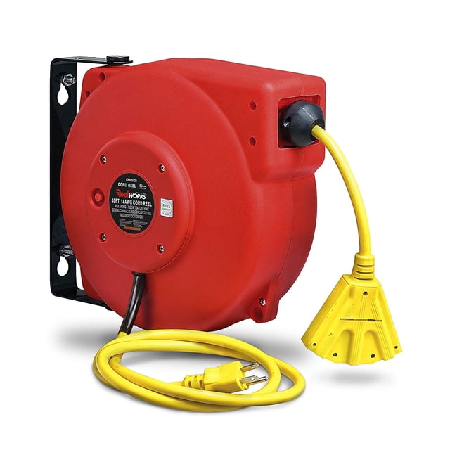 ReelWorks Mountable Retractable Extension Cord Reel featuring a durable red polypropylene case with a 40-foot 14AWG SJT cord and a yellow triple-tap connector. The reel includes a 36-inch lead-in cord, adjustable stopper, and non-snag rollers for smooth operation. Rated at 13A/125V for up to 1625W, it is resistant to acids, alkalies, ozone, and kinking, and remains flexible in temperatures from -58°F to 221°F. Designed for indoor and outdoor use, it ensures a safe and organized workspace.