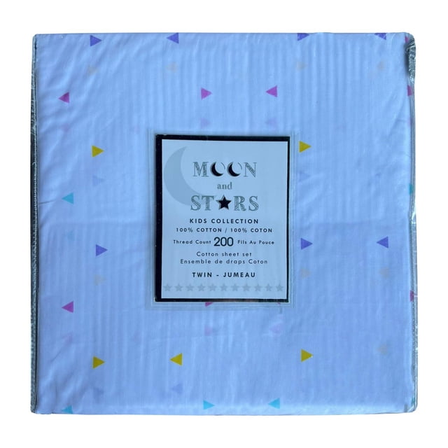 Moon and Stars Kids Collection twin cotton sheet set with 200 thread count, featuring a white background with small colorful triangle prints in yellow, purple, pink, and blue, designed for children's bedding and packaged flat with a central label.