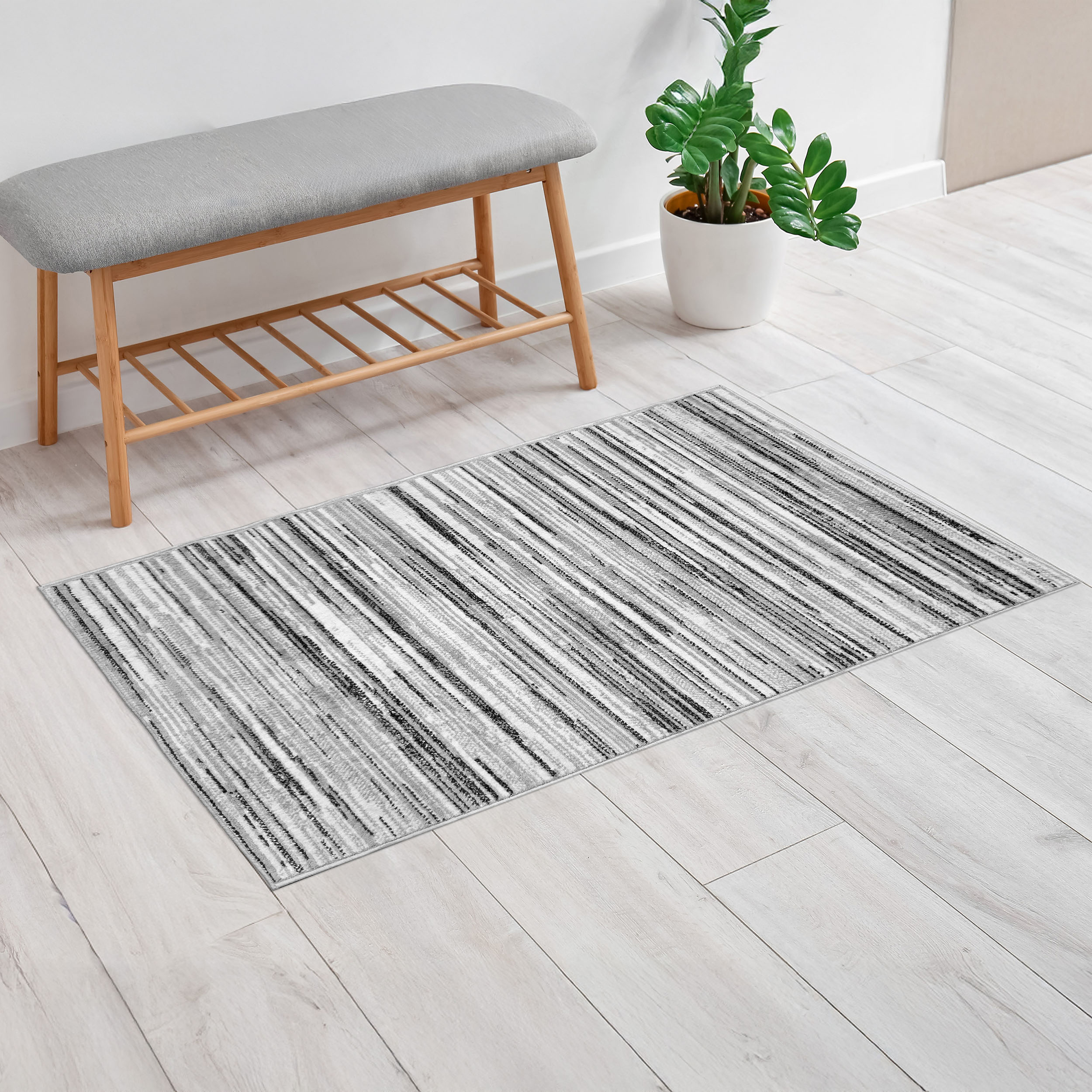Tapis Mainstays Moderne Abstrait À Poils Ras, Blanc Et Argent, 30 in × 45 in, Salle De Bain, Chambre, Couloir, Cuisine.