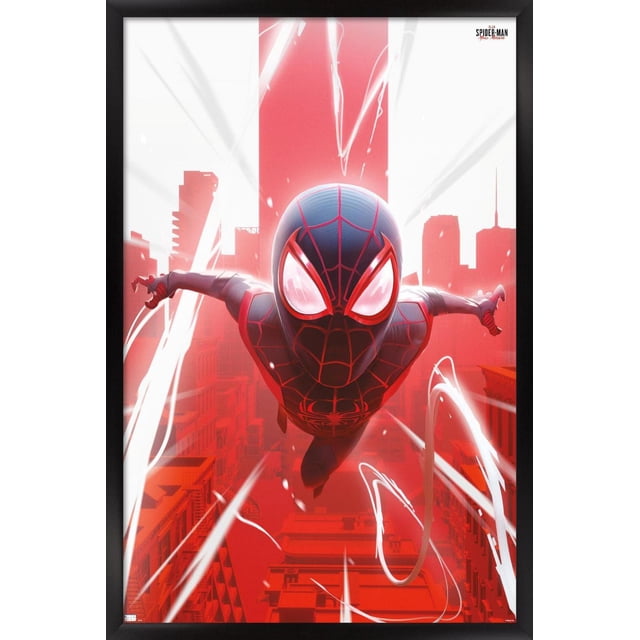 Marvel's Spider-Man: Miles Morales - Falling Wall Poster, 22.375" x 34" depicts a front-facing view of Spider-Man in a black and red suit diving through a stylized red cityscape with white web streaks and light beams, printed on glossy paper suitable for vibrant wall décor in bedrooms or offices.