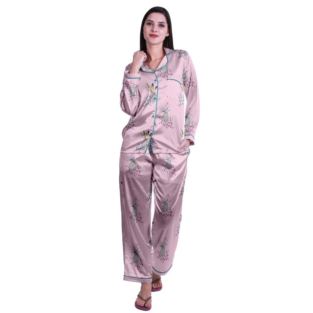Moomaya Ensemble de Pyjama à Manches Longues et Shorts pour Femmes, Pyjama en Satin à Boutons pour Femmes