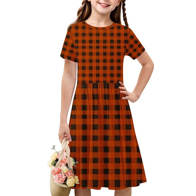 Liquidation d'Économies d'Été Iumwxz Robe Décontractée Trapèze Robe Tunique pour Adolescentes Robe Col Rond Imprimé à Carreaux Manches Courtes Robes pour Filles Coupe Ample Robe pour les Vacances 4-14a