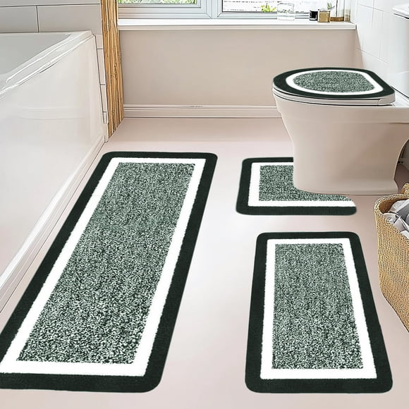 RRJ Bathroom Rugs, 4 Piece Velvet Fleece Bath Mat Set, Absorbent Microfiber Plush Non Slip Shower Rugs, Washable U-Shaped Toilet Lid Cover for Bathroom Decor