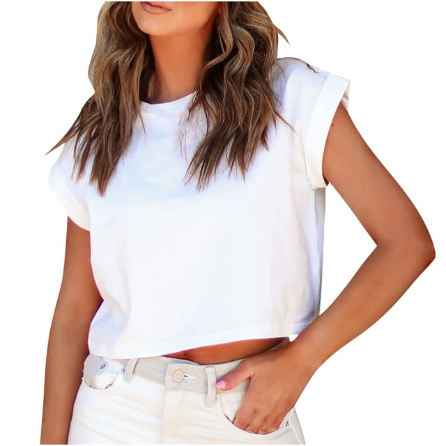 AherBiu Hauts Courts pour Femmes à Manches Cap Été Décontracté Haut Basique T-Shirts Chemises Col Rond T-Shirts Confortables. l'Image Montre un Haut Court Blanc avec Manches Cap et un design Col Rond, Porté par un Modèle Assorti à un Pantalon de Couleur Claire. Fabriqué à Partir d'Un Tissu Léger, Respirant et Anti-Froissement, Ce Haut Est Idéal pour une Tenue Décontractée, au Bureau, en Voyage Ou pour les Sorties Quotidiennes. Convient à Agencer avec des leggings, des shorts Ou des Talons Hauts.
