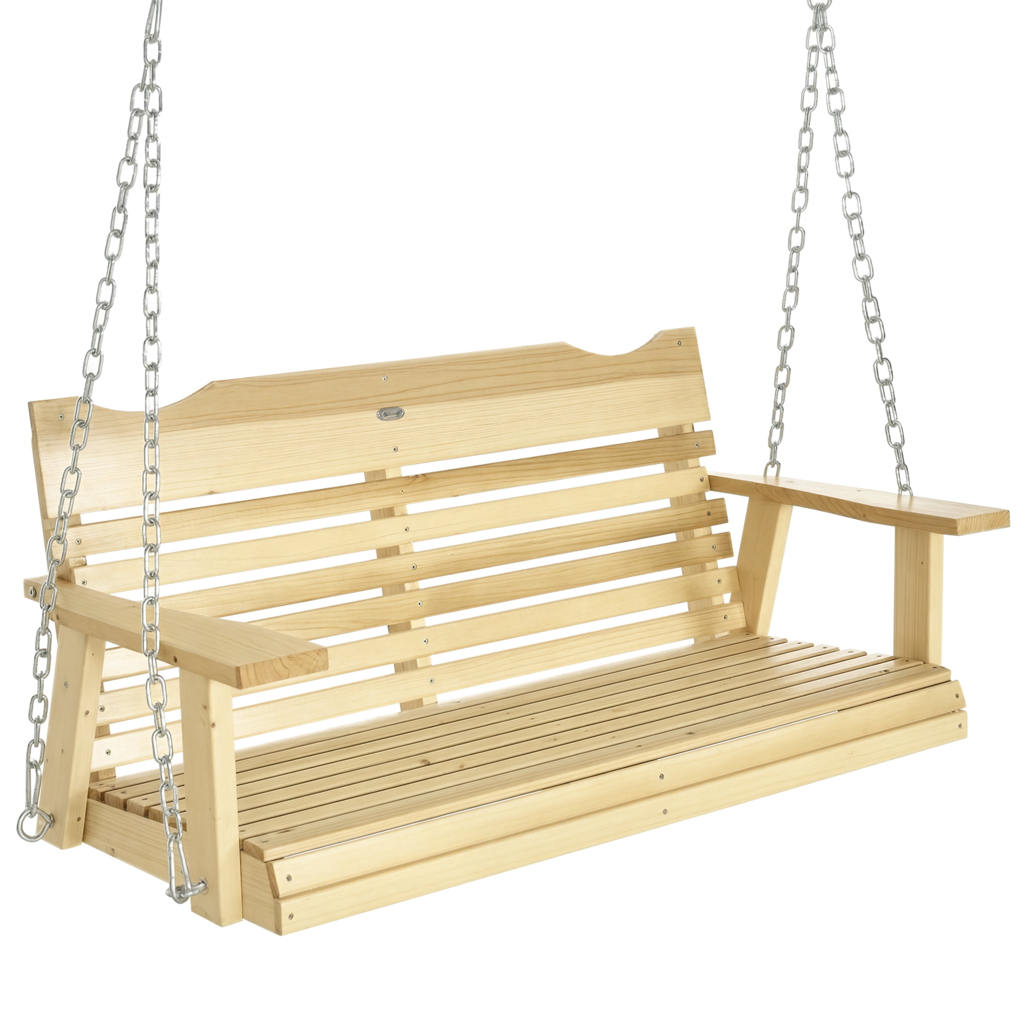 Outsunny Hanging Porch Swing, Patio Swing with Armrests, Natural Wood