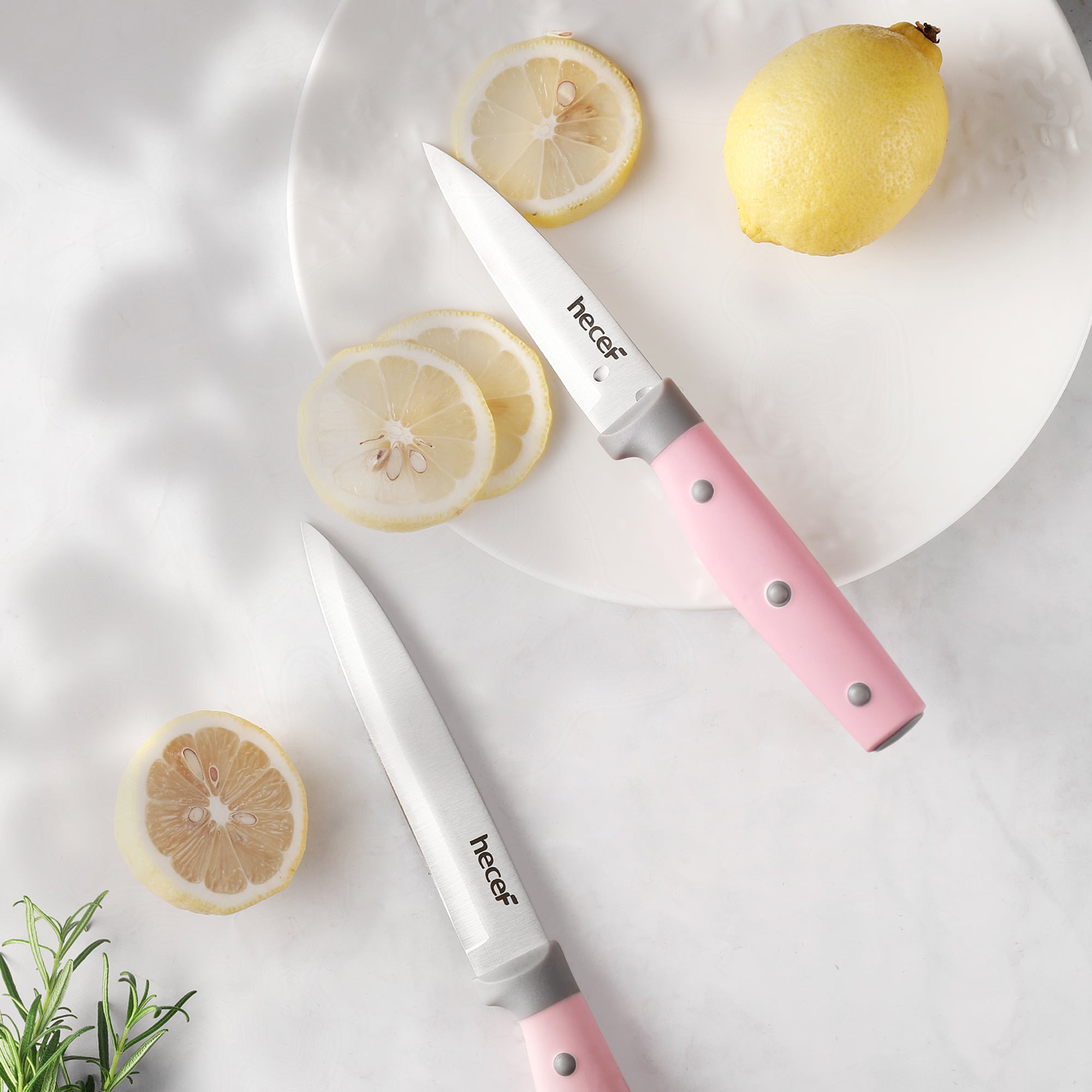 Refurbished Hecef 4S85KZICXVRB 5-Piece Kitchen Knife Set with 13-Inch Magnetic Strip, Pink Stainless Steel Blades, Ergonomic Triple-Riveted Handles