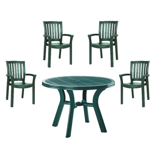 Ensemble de 5 Pcs Table de Patio Ronde de 42 Pouces en Résine et 4 Chaises de Salle à Manger à Accoudoirs en Résine, Vert