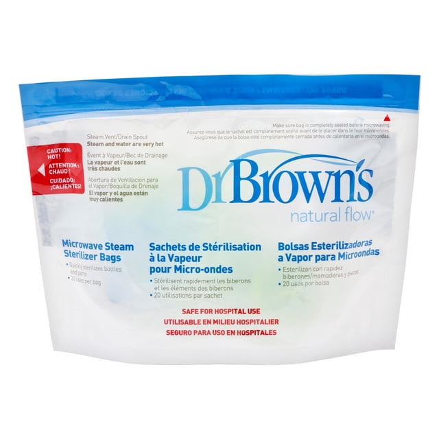 Dr. Brown's™ Sacs d'Emballage pour Stérilisateurs à Vapeur pour Micro-Ondes en Blanc et Bleu avec Texte Multilingue, Conçus pour une Stérilisation Rapide au Micro-Ondes des Biberons, Tétines et Pièces, Sûrs pour l'Hôpital, Réutilisables jusqu'à 20 Fois, Favorisant l'Hygiène d'Alimentation des Bébés et les Stérilisateurs de Biberons.