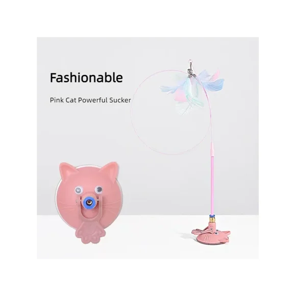 Funny Cat Stick Toy with Detachable Teaser Wand And Sucker Base Interactive Fluffy Feather Kitten Play Toy for Cat Supplies pink
