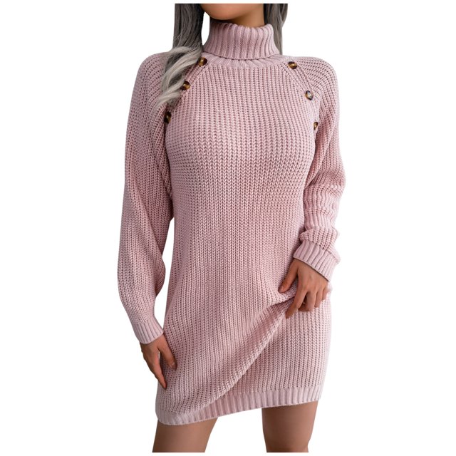 Robe Chandail à Col Roulé pour Femmes à Manches Longues d'Automne et d'Hiver, Décontractée, à Boutons, Robe Chandail de Base à Manches Longues de Couleur Rose Douce. Cette Robe Chandail en Tricot Côtelé Présente des Manches Longues, un Col Roulé et des Boutons Décoratifs le Long de la Couture d'Épaule. Idéale pour une Tenue Décontractée, Quotidienne Ou de Fête pendant les Saisons d'Automne et d'Hiver.