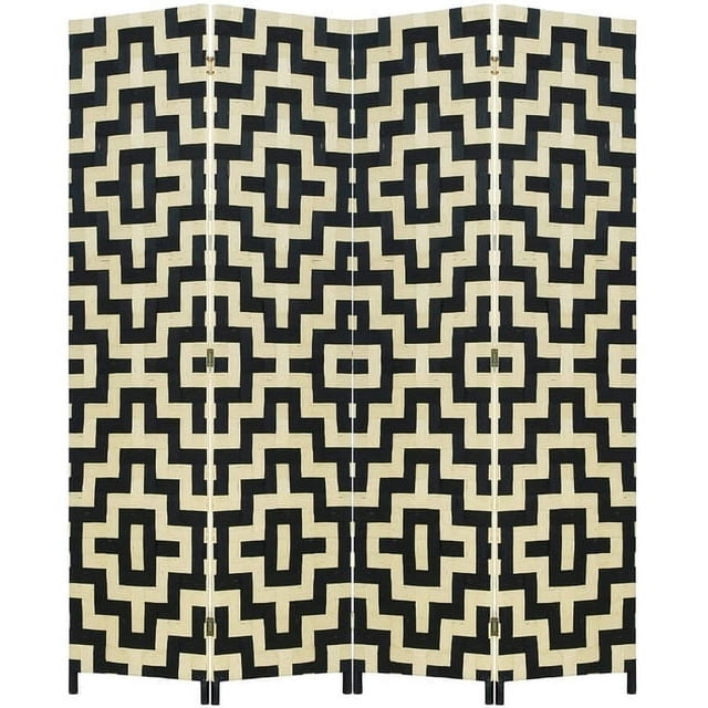 FDW Room Divider Wood Screen 4 Panel Wood Mesh Woven Design Room Screen Divider Folding Portable Partition for Home Office, Diamond. A foldable wood partition with a striking black and beige geometric diamond pattern, ideal for home décor and creating distinct spaces. Lightweight, adjustable, and includes integrated storage for convenience.