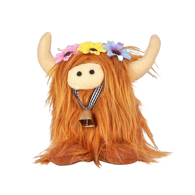 Jouet Vache Écossaise Réaliste à Longs Poils, Poupée Animal Floral, Figurine en Peluche Douce
