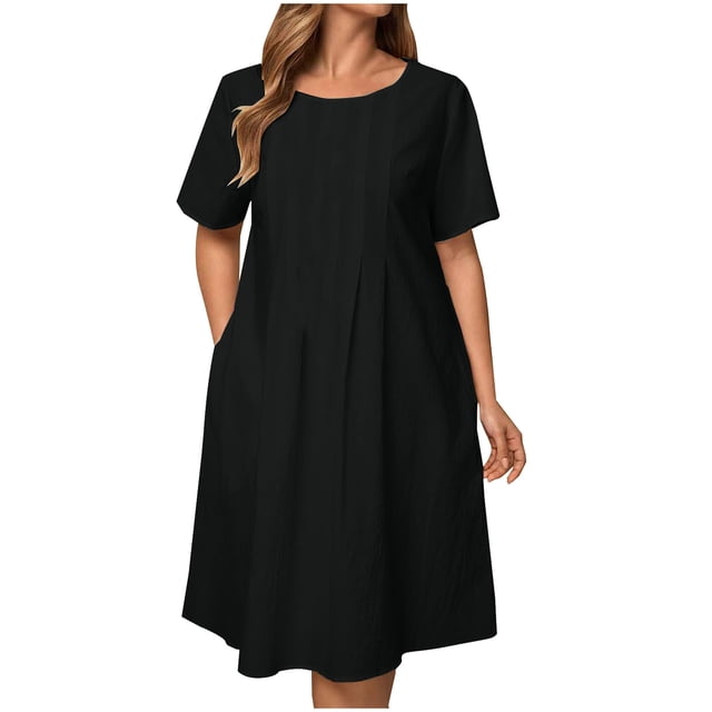 Amzcrzy Robes pour Femmes Robe en Coton et Lin de Couleur Unie Mode à Manches Courtes Robes d'Été pour Femmes Col Rond Robe d'Été Décontractée Plissée Robes Midi pour Femmes avec Poche