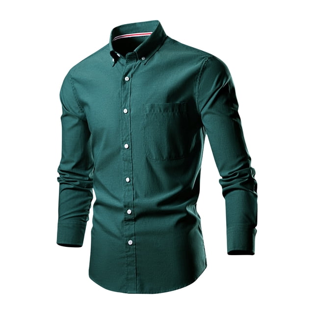 AherBiu men's long sleeve dress shirt featuring a button-down design with a lapel collar in a regular fit. The shirt is shown in a deep green color with a single chest pocket and white buttons, suitable for work, office, or business settings.