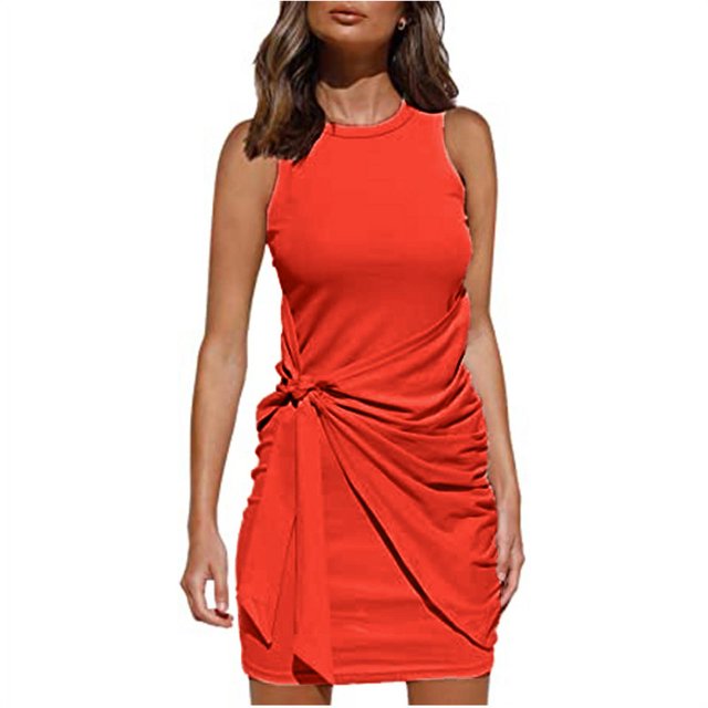 Robe d'Été Sans Manches pour Femmes avec Ceinture Irrégulière Col Rond Aguichant Mini Robe Moulante