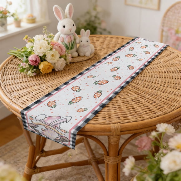 Easter Table Runner Linen Double-sided Design 33x150cm for Spring Festival Table Decor Holiday Dining Protection Washable Material