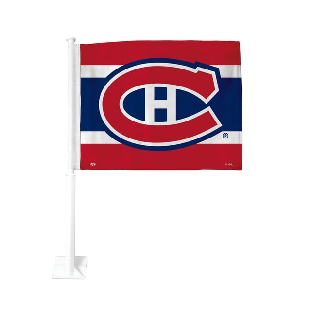 The Sports Vault Montreal Canadiens 1-Sided Car Flag measures 21 by 3 inches and features the red, white, and blue Montreal Canadiens logo on a weather-resistant polyester flag with sublimated graphics, mounted on a white plastic pole that attaches easily to car windows or doors, suitable for NHL fan display.