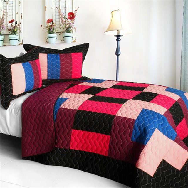 Excitation pour Filles - Ensemble de Courtepointe Patchwork Matelassée Vermicelle 3 Pcs Format Double et Grand - Rose
