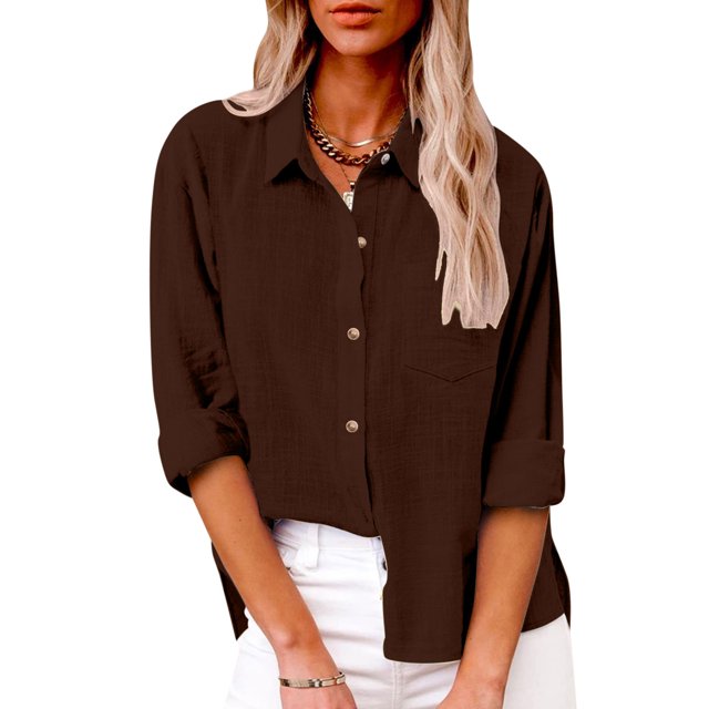 AherBiu Plus Size Women Button down Tops Long Sleeve Lapel Collar Linen Tops Fall Casual Solid Color Cotton Blouses