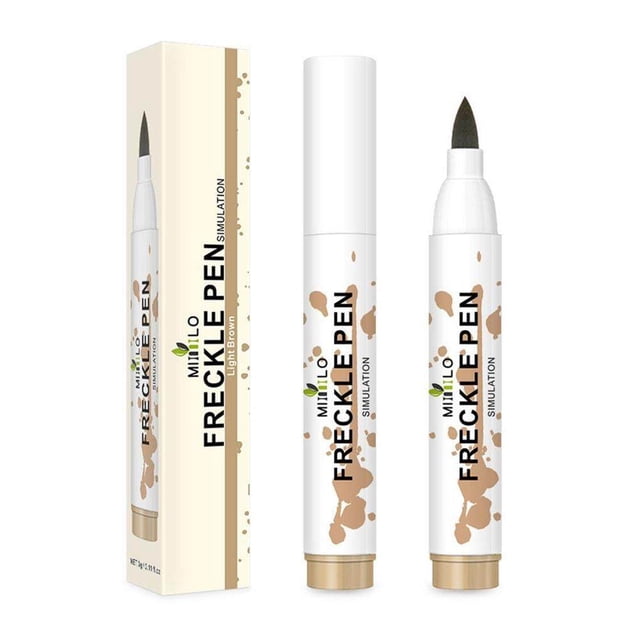 Stylo de Maquillage pour Taches de Rousseur Fausses Taches de Rousseur Naturelles Réalistes Stylo à Pois Imperméable en Brun Pâle, Affiché à Côté de Son Emballage. le Stylo Présente une Pointe fine pour Créer des Taches de Rousseur d'Apparence Naturelle et Est Imperméable pour une Tenue Longue Durée. l'Emballage Met l'Accent sur Son Effet de simulation Réaliste et Convient à Divers styles de Maquillage.