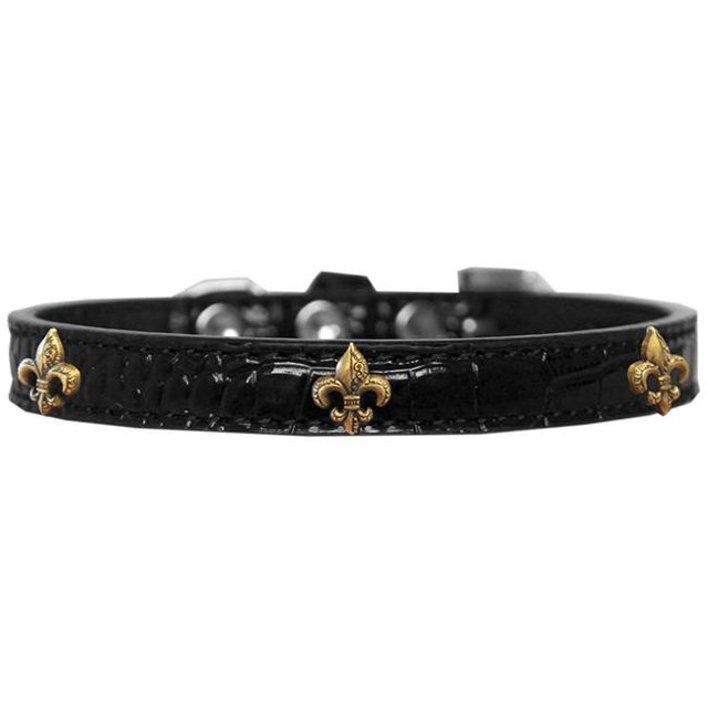 Bronze Fleur de Lis Widget Croc Chien Collier Noir Taille 16