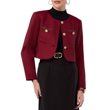 INSPIRE CHIC Women's Tweed Short Jacket Crewneck Button Down Long Sleeve Work Cropped Blazer M Red