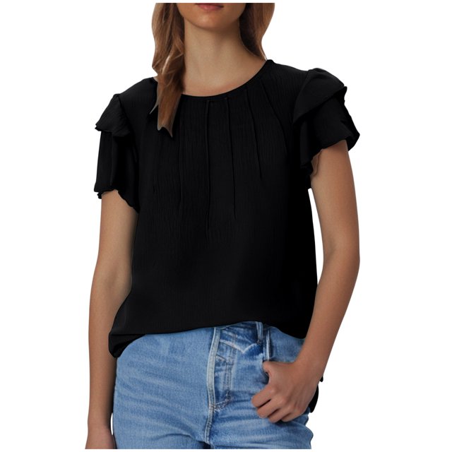 Plebaso Hauts d'Été pour Femmes Manches Courtes à Volants Blouses Décontractées Col Rond Couleur Unie Chemises Amples pour Femmes