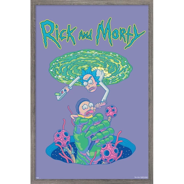 Rick And Morty - Portal Fall Wall Poster, 22.375" x 34" depicts Rick holding a portal gun emerging from a green swirling portal, reaching down to grab Morty trapped in a large green alien hand with pink orb-like tentacles on a purple background, ideal for bedroom or office wall decor.