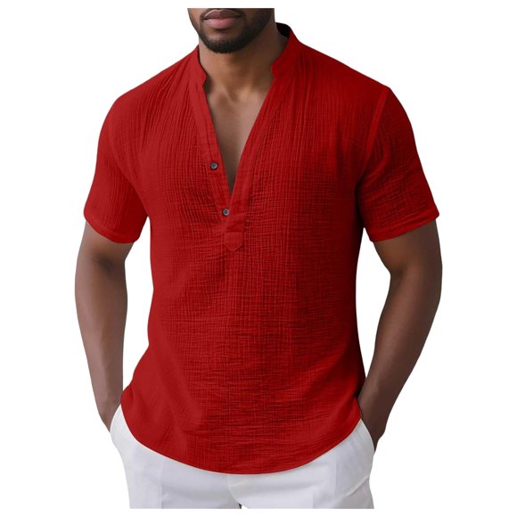 Yammkia Men's Short-Sleeve Henley Shirts Men's Casual T-Shirt Short Sleeve Textured Crewneck T Shirts Stretch Workout Beach Tees Red,XXL