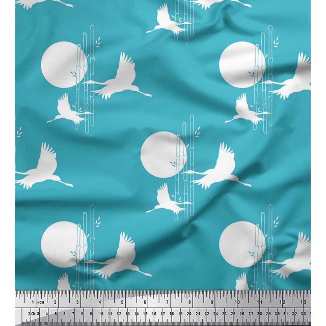 Soimoi Poly Georgette Fabric Bamboo Tree,Moon & Stork Bird Print Fabric by Yard 42 Inch Wide