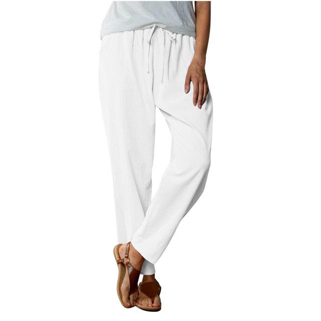 Summer Clearance! Womens Plus Size Pants,Summer Pants for Womens,Women's Solid Color Cotton Linen Waist Elastic Drawstring With Pocket Pants Long Pants