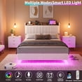 thumbnail image 4 of Bingirl King Floating Bed Frame with LED Lights and Charging Station, Upholstered Platform Bed with Storage Headboard, Wood Slats Support, No Box Spring Needed, Easy to Assemble, White, 4 of 8
