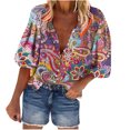 thumbnail image 2 of EQWLJWE Chemises à Manches Longues pour Femmes Liquidation Hauts Amples Col en V Manches 3/4 Motif Imprimé Rétro Cardigan à Boutons devant T-shirt, 2 of 6