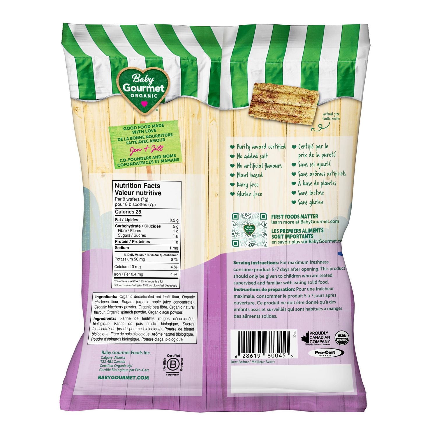 Biscottes de lentilles et pois chiches biologiques bleuet épinard et açaí de Baby Gourmet