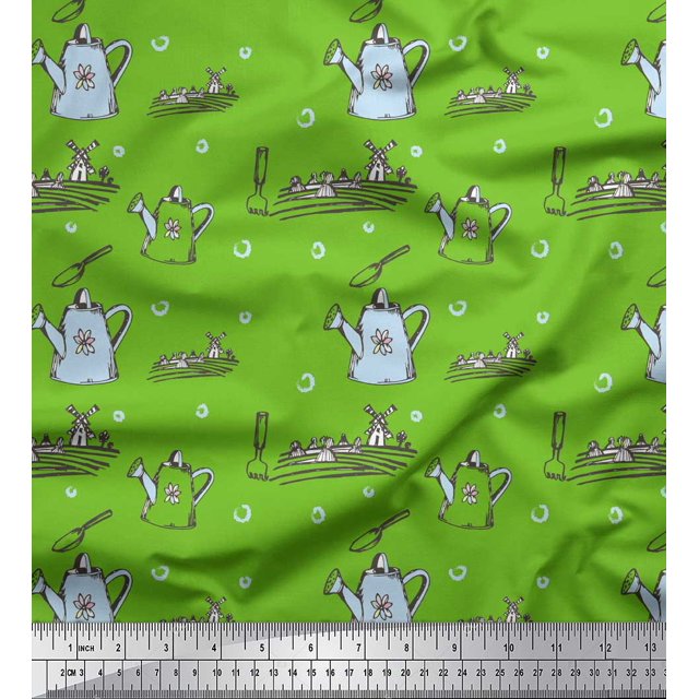 Soimoi Green Moss Georgette Fabric Windmill & Watering Can Garden Accessories Print Sewing Fabric Yard 42 Inch Wide
