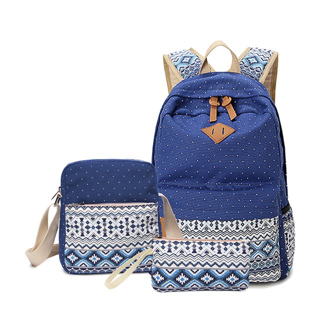 QualitChoice 3 Pieces Canvas Backpack Shoulder Organizer Set Large Capacity for Zipper Ethnic Style School Bags Causal Adjustable Travel Bag Blue