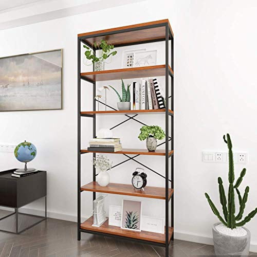 Solid Open Book Shelves, Tall Morden Bookshelf 6 Foot, Free Standing Display Shelf, 5 Tier Industrial Bookcase for Living Room Bedroom - Black Metal Frame & Rustic Cherry Wooden Shelves