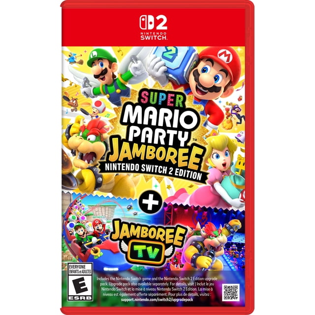 Super Mario Party™ Jamboree - Nintendo Switch™ 2 Edition + Jamboree TV front-facing game cover featuring Mario, Luigi, Peach and 19 other characters around a colorful party board with Toad as the Jamboree TV host; text/artwork callouts for Joy-Con™ 2 mouse controls, built-in microphone response and compatible USB-C® camera support, noting 22 playable characters and over 110 minigames across TV and handheld modes; often used to stream short party highlight clips for social sharing.