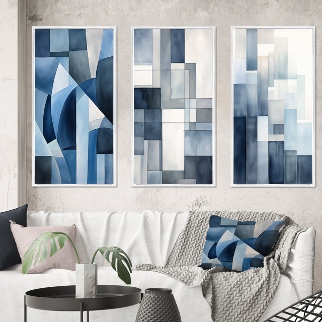 Designart "Retro Navy Blue Cubist Dreams II" Modern Geometric Framed Wall Art Set Of 3 - Blue Abstract Frame Canvas Set For Living Room Decor