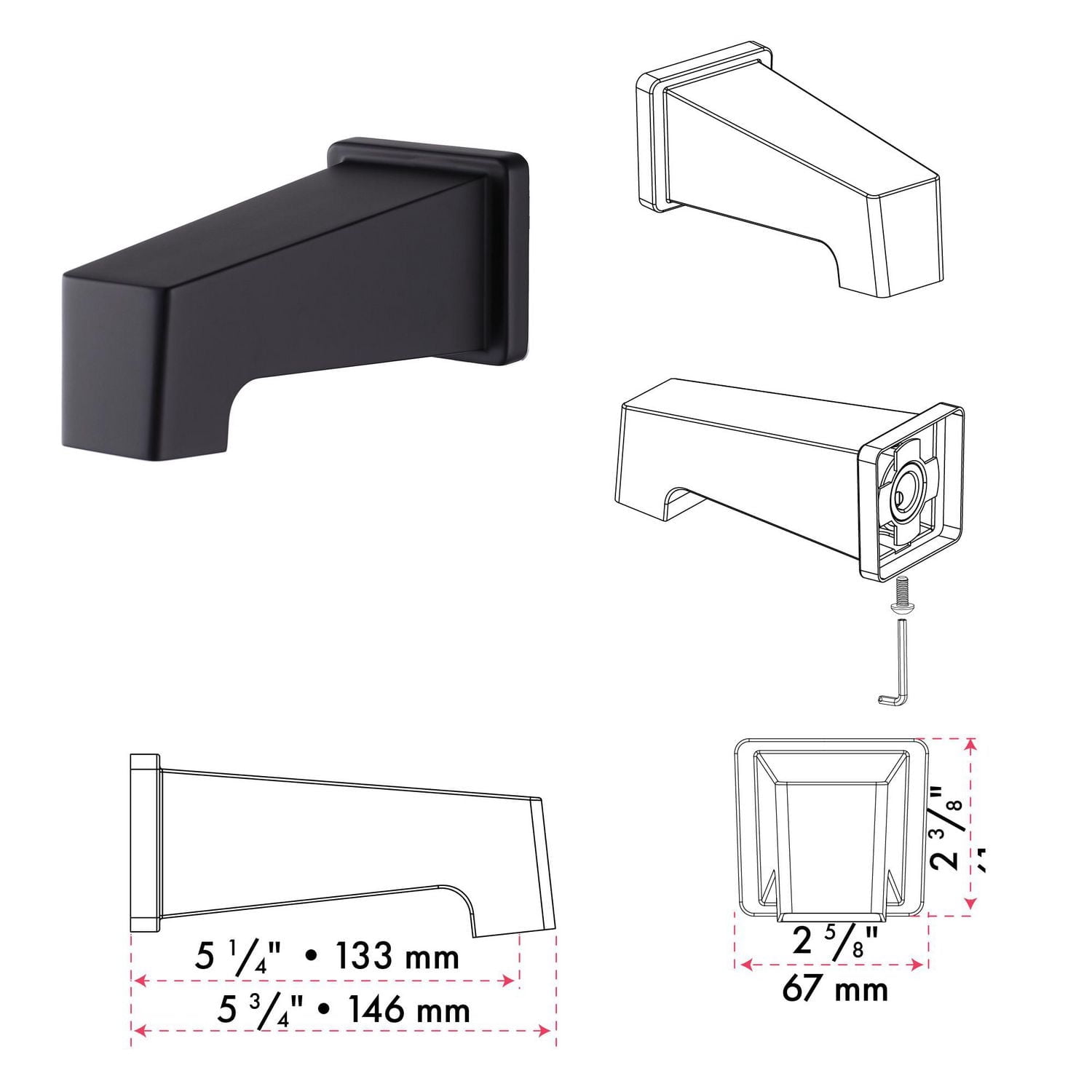 akuaplus® Matte Black 3-Way diverter Pressure Balance Bath Shower Valve Set square w/ 1-Set Shower head and Spout