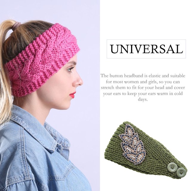 Crochet Headbands Winter Leaves Pattern with Rhinestones Elastic Head Protector Wide Warm Chunky Hair Accessories for Girls Dark Green