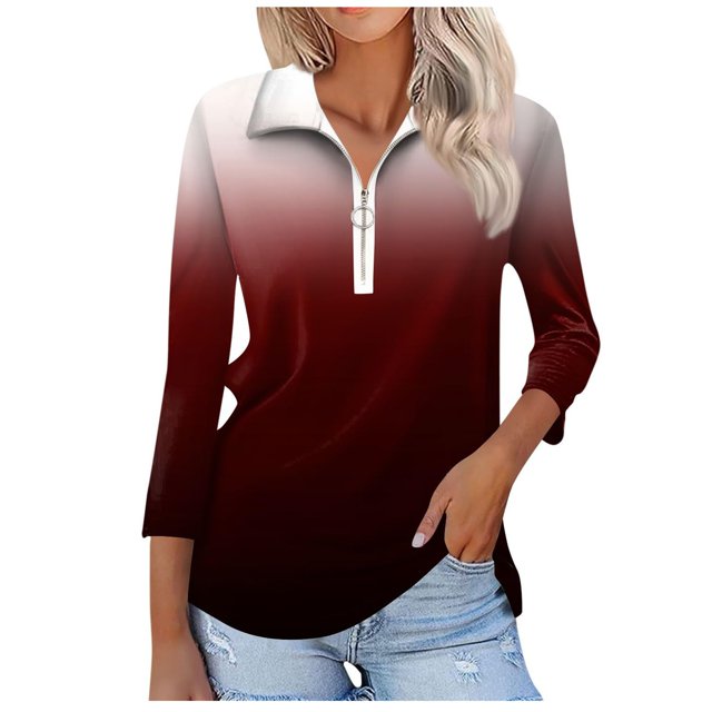 T-shirts pour Femmes Mode Féminine T-Shirt Imprimé Manches 3/4 Blouse Col Rabattu Décontracté