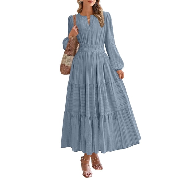 Mceream Women's Boho Tiered Maxi Dress – Long Sleeve V-Neck Pleated Dress with Elastic Waist, Perfect for Summer, Beach, Vacation & Casual Outings In Olive, Beige, Blue & Navy Light Blue L
