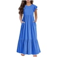 thumbnail image 2 of VKOYWKM Robe Décontractée pour Filles Été à Volants Manches Courtes Robes à Étages Décontractées Col Ras du Cou Ample Évasée Robe Maxi avec Poches pour 6-12 Ans, 2 of 6