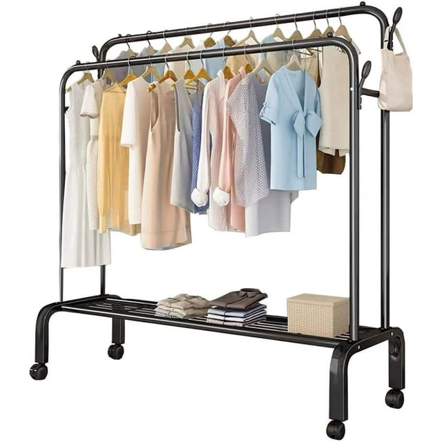 SUSUZI 51” Double Rod Clothes Rack in black with a 150 lbs capacity. Features dual rods for hanging clothes, a bottom storage shelf for shoes or boxes, and four lockable swivel wheels for mobility. Includes six hooks for accessories and anti-slip beads on rod ends. Made of corrosion-resistant metal with a sleek black finish, ideal for bedrooms, closets, or laundry rooms.