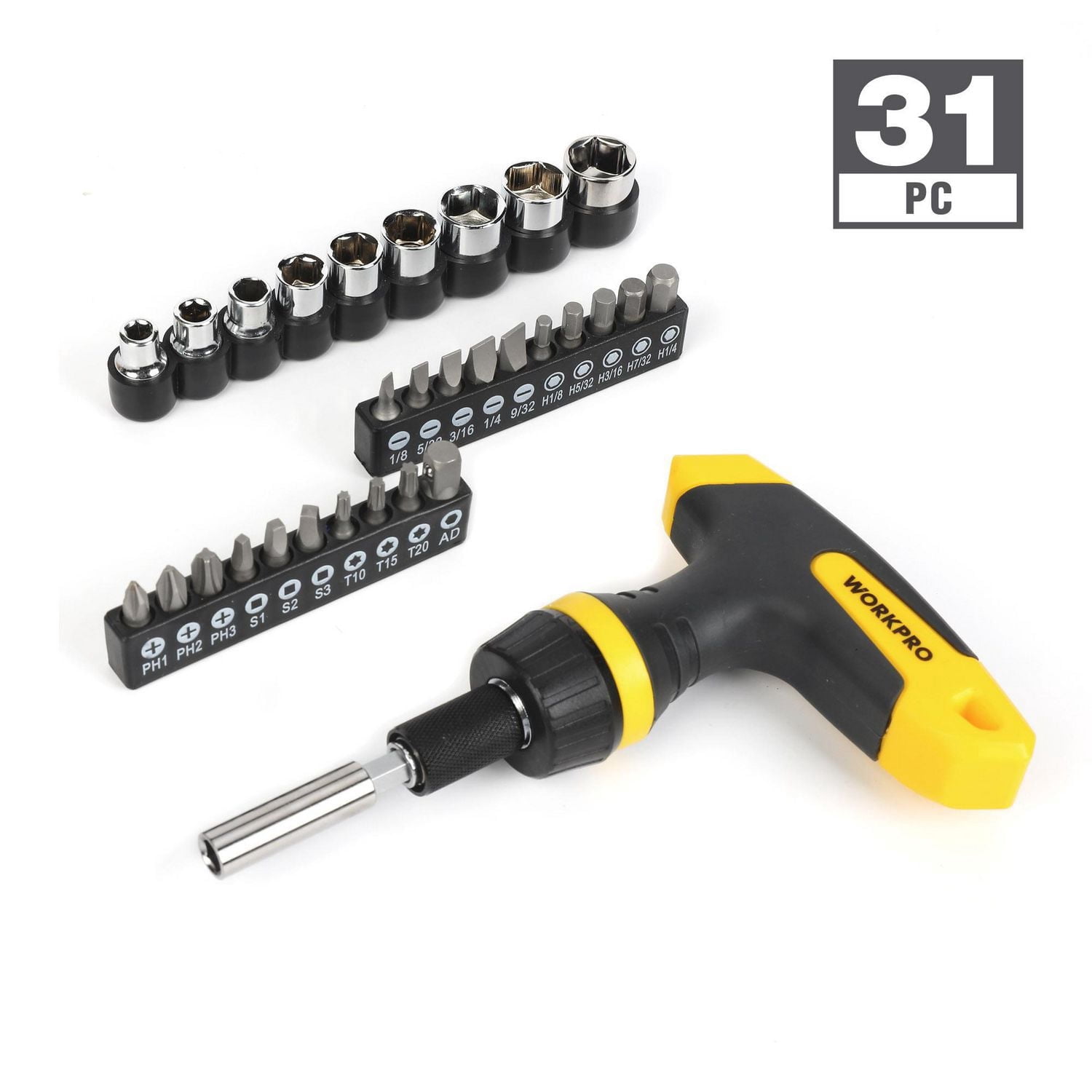 WorkPro Ratchet Drive and Socket Set - 31 Piece,1/4" Dr. Sockets and Screwdriver Bits