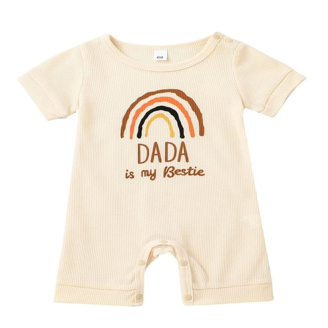 Baby Romper Letter Rainbow Print Crew Neck Short Sleeves Breathable with Bottom Snaps Jumpsuit