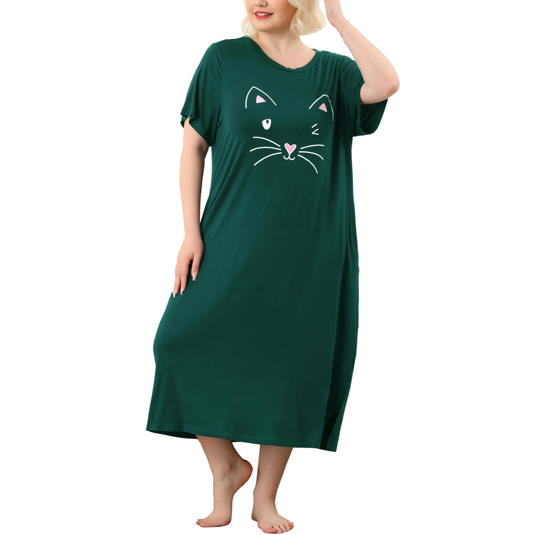 Agnes Orinda Nuisettes pour Femmes Grande Taille Fête des Mères Col Rond Manches Courtes Robe de Nuit Imprimé Chats Pyjamas Détente Maison avec Poche 4X Vert Foncé